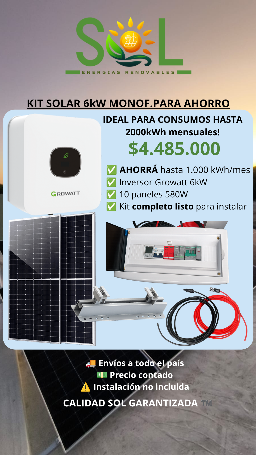 KIT SOLAR ON GRID mono. 6000W con 10 paneles. AHORRÁ HASTA 1000kWh mensuales.